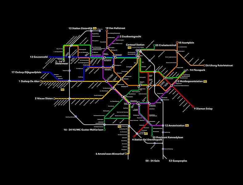 Straßenbahnlinien von Amsterdam schwarz von Fela de Wit