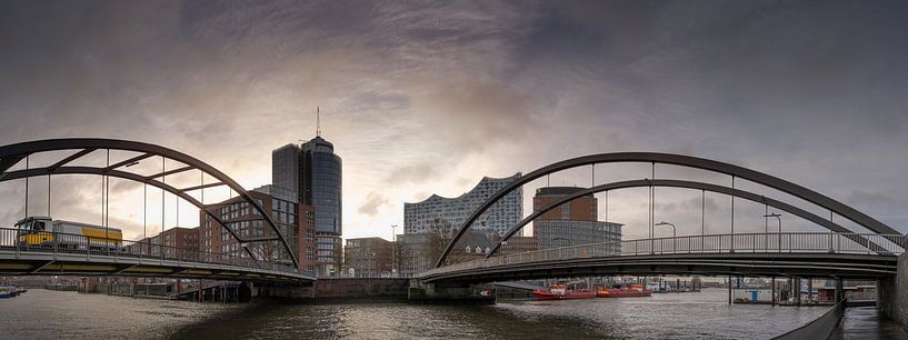 Pont dans la Speicherstadt de Hambourg avec vue sur l'Elbphilharmonie par Jonas Weinitschke