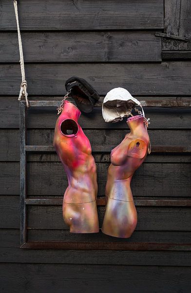 two mannequins man and woman without arms and legs, naked on a wooden dark wall by ChrisWillemsen