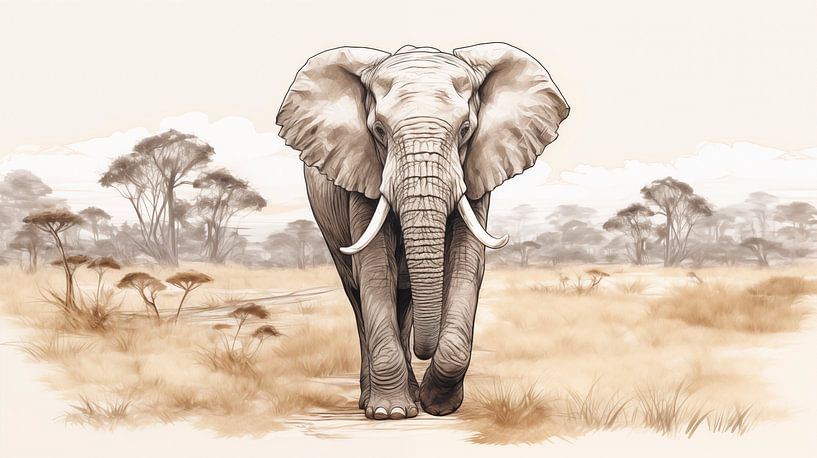 Elephant walking in a field, drawing, vintage style elephant pencil drawing by Animaflora PicsStock