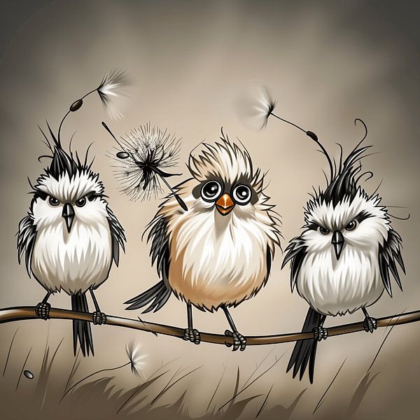 Humorous Birds on a Stick | Giggling Paintings by Karina Brouwer