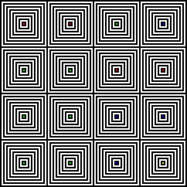 Emboîté | Centre | 04x04 | N=08 | Aléatoire #02 | RGBY par Gerhard Haberern