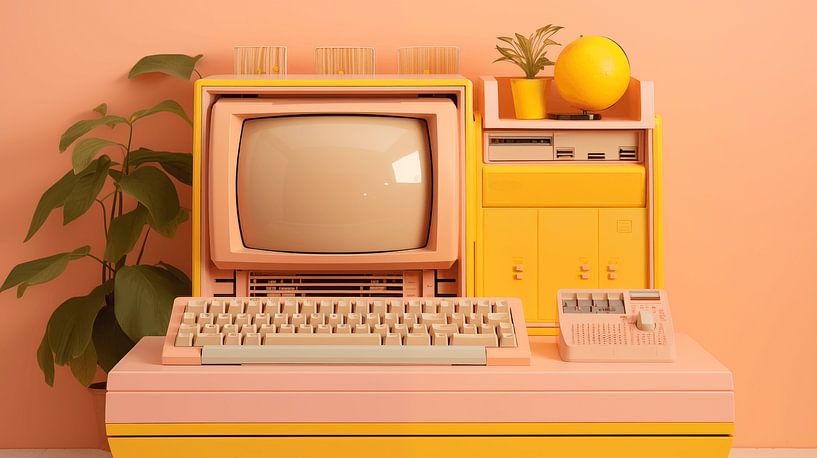 Alter Retro-Computer und Blumen mit orange Wandhintergrund im Büro, Vintage-Kunstdesign von Animaflora PicsStock