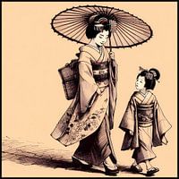 Geisha et sa fille en kimono traditionnel