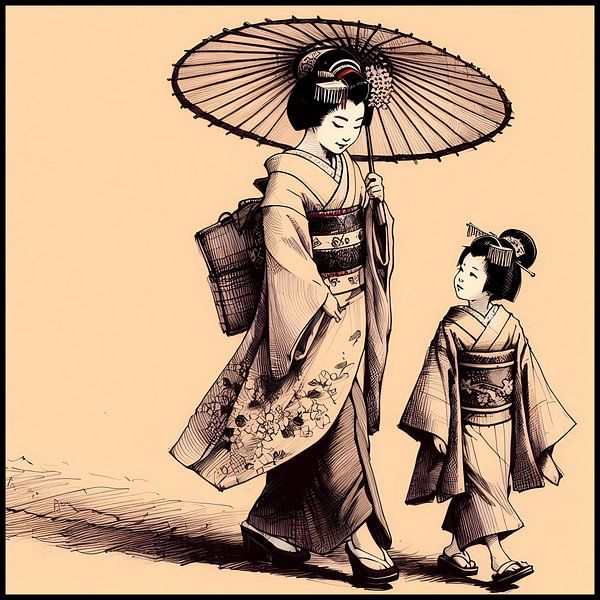 Geisha et sa fille en kimono traditionnel par Hey Art!