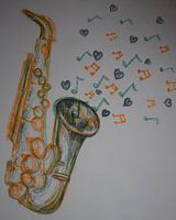 Magisches Saxophon mit Musiknoten und Herzen