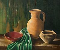 Stilleben mit Weinkaraffe und Schale