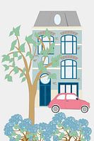 Charaktervolle, fröhliche Illustration eines Herrenhauses.