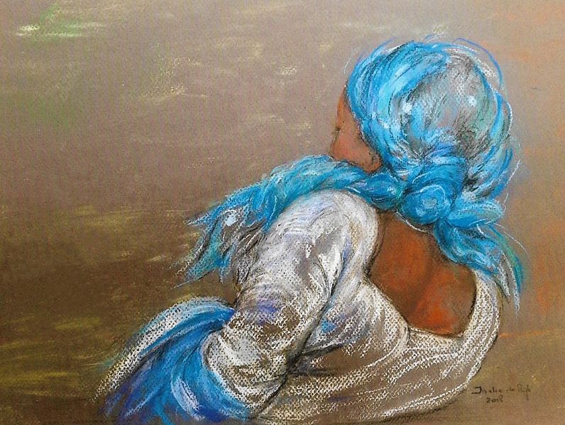 Portrait of an African girl with blue headscarf. Pastel crayon. by Ineke de Rijk