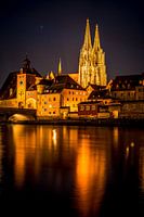 Regensburg am Abend Steinerne Brücke, Dom und Donau bei Nacht