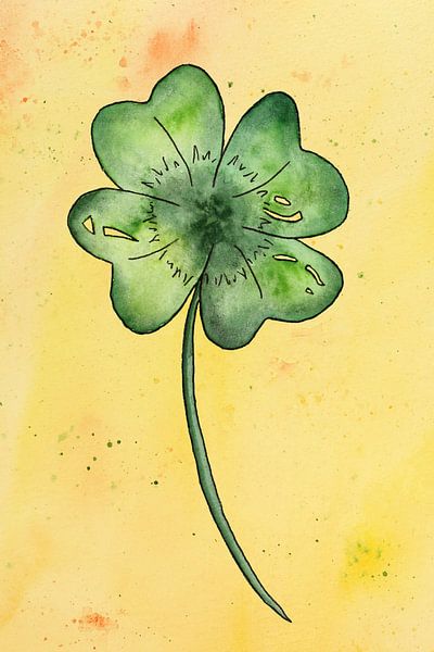 Vierblättriges Kleeblatt auf gelbem Hintergrund (Aquarellmalerei Blumen Pflanzen Kleeblatt Glück Lie von Natalie Bruns
