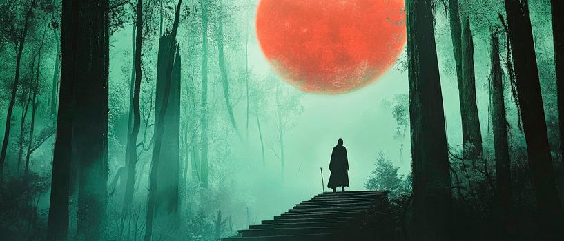 Mystischer Wald unter rotem Mond von Poster Art Shop