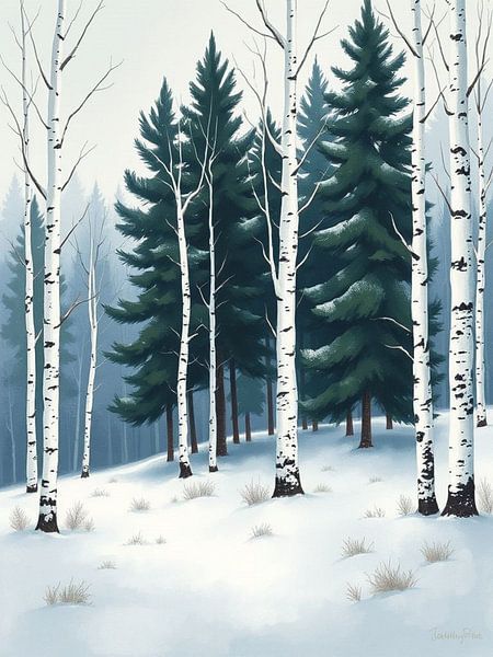 Stiller Winter&#039;s Umarmung: Eine ruhige Waldlandschaft mit hoch aufragenden Evergreens und anmutigen Birkenbäumen von Artistic