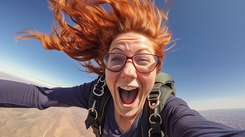 Close-up of an excited, happy woman skydiving with a beautiful blue sky in the background by Animaflora PicsStock