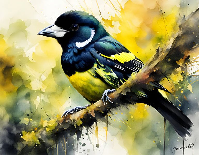 Schöne Vögel der Welt - Schwarzer und gelber Breitschnabelvogel von Johannas Art Creations