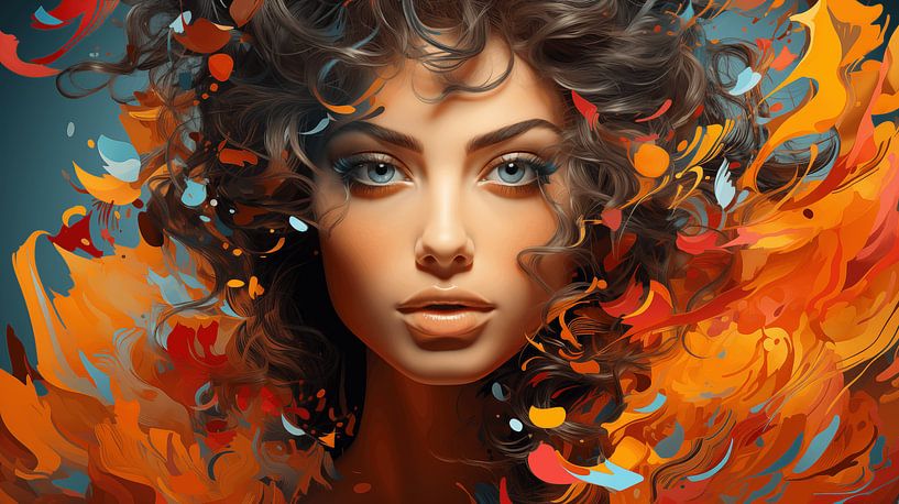 young woman portrait with colourful splashes abstract wave background art design by Animaflora PicsStock