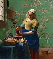The milkmaid with almond blossom wallpaper (Green) - Vincent van Gogh - Johannes Vermeer