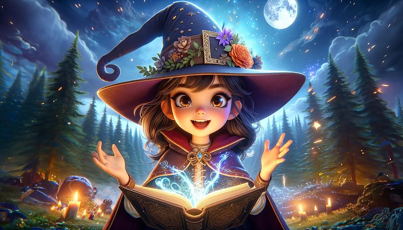 Spell by moonlight: Witch girl in the forest by artefacti