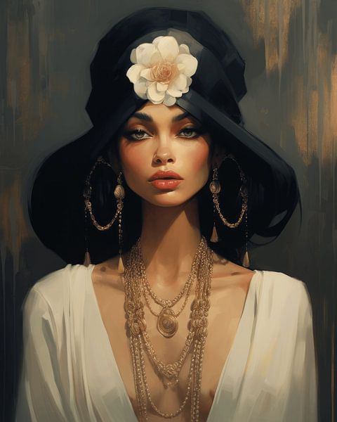 Illustration: "Modernes Porträt in überwiegend schwarz-weiß" von Carla Van Iersel