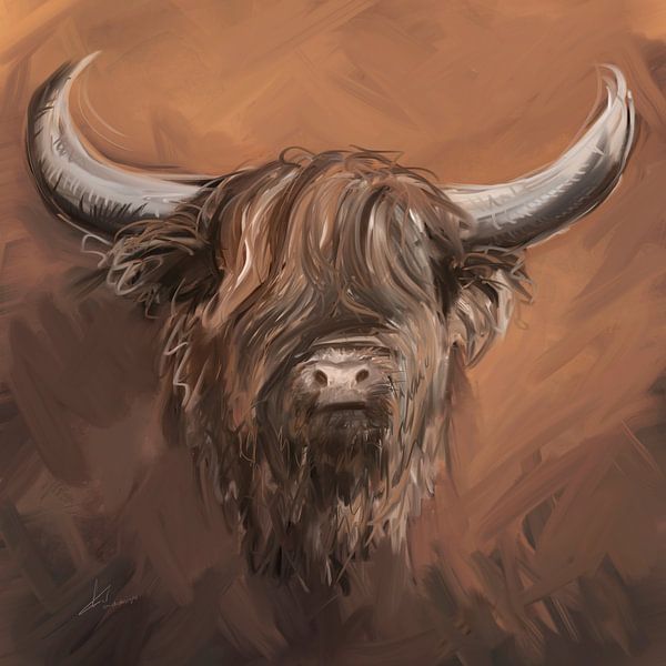 Schottischer Highlander mit natürlichen Erdtönen in Taupe-Braun und weißen Akzenten. von Emiel de Lange