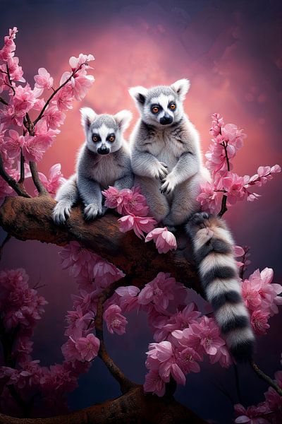 Exotische Lemuren - Tiere zwischen rosa Kirschblüten von Joriali Fotografie und Gemälde