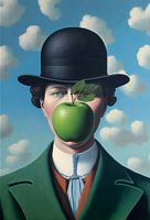 A female "Son of Man" by Rene Magritte, with bowler hat and apple