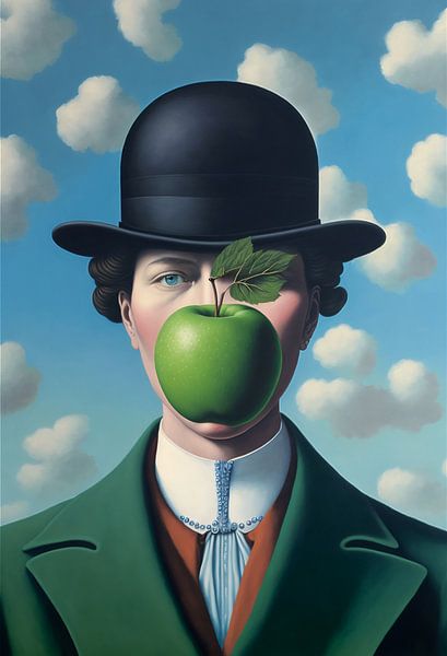 Une femme &quot;Fils de l'homme&quot; de René Magritte, avec un chapeau melon et une pomme. par Roger VDB