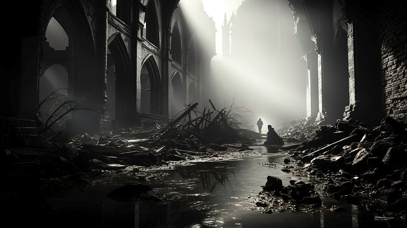 old building in black and white with dramatic light by Gelissen Artworks