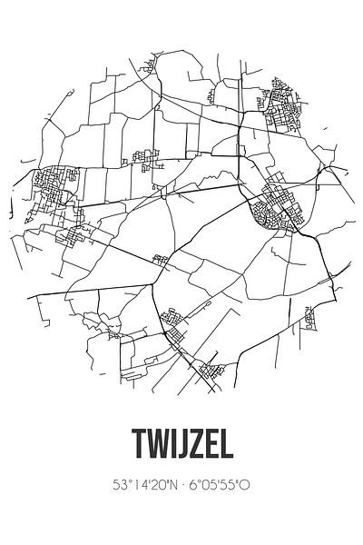 Twijzel (Fryslan) | Map | Black and white by Prints of Place