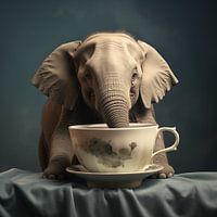 L'éléphant boit une tasse de thé