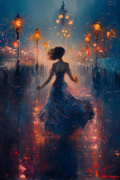 dame dansant dans la rue le soir par Margriet Hulsker