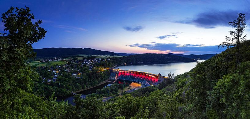 Panorama Edersee dam wall and village with red illuminated dam wall at blue hour by Frank Herrmann