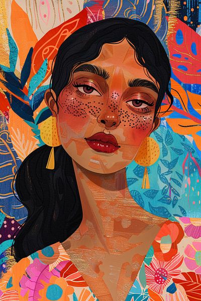 Colourful portrait of a woman with flowers and abstract shapes by Art & Soul Creations