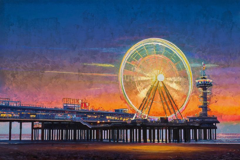 Niederländische Küstenkunst - Scheveningen Pier und Riesenrad im Sonnenuntergang von Arjen Roos