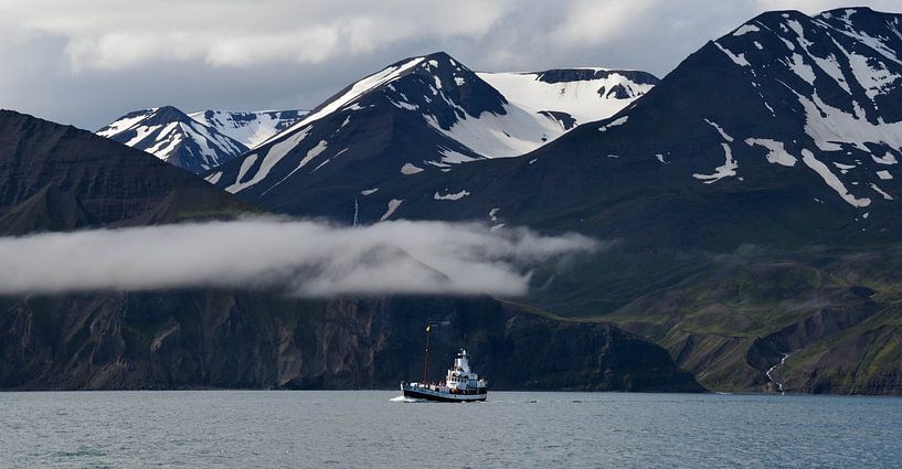Vissersboot met IJslandse bergen by Willem van den Berge