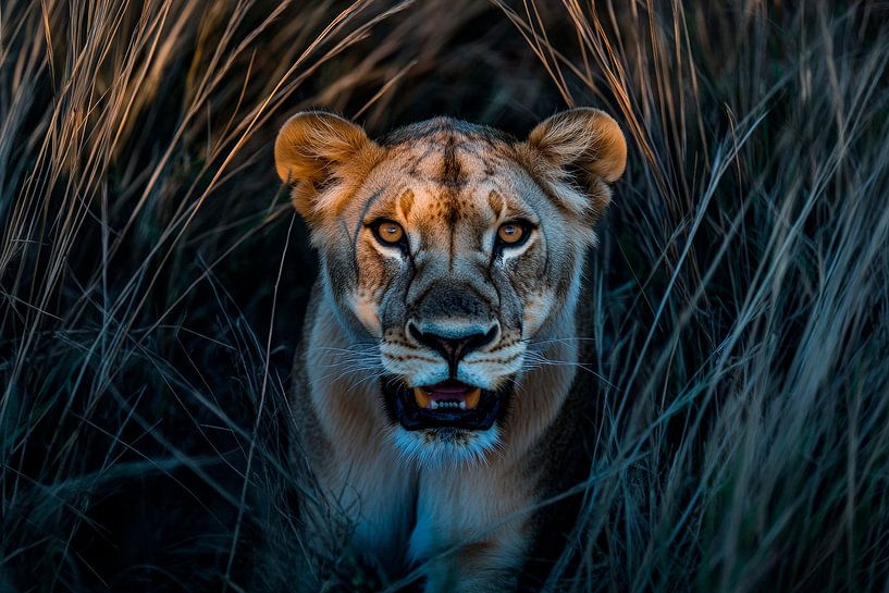 Leeuwenoog in het hoge gras van Poster Art Shop