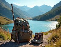 A rucksack, hiking boots and a walking stick.