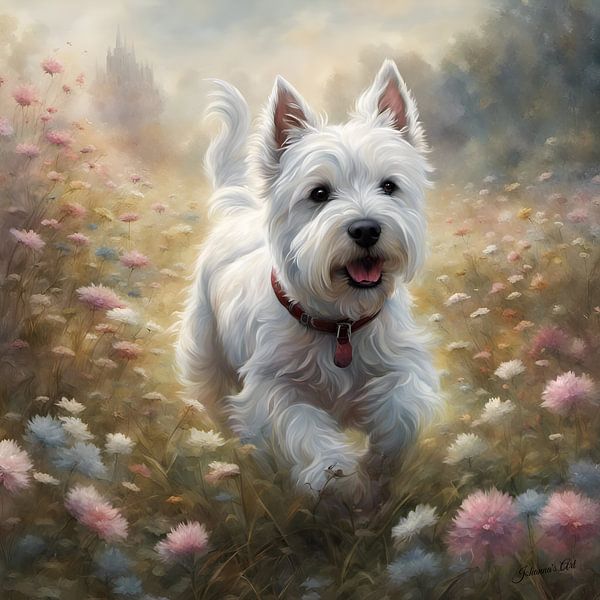 West Highland White Terrier playing in a Flowerfield by Johannas Art Creations