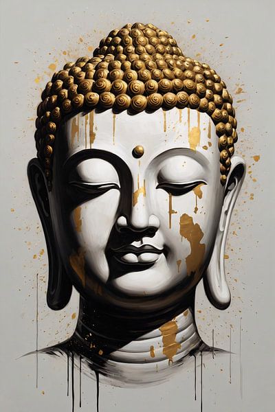 Buddha-Kopf mit goldenen Tröpfchen Modernes Kunstwerk von Art & Soul Creations