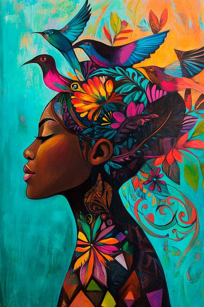 Élégance colorée : femme avec oiseaux et fleurs par Poster Art Shop