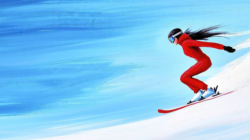 Skier in a red suit under a bright sky by Frank Heinz