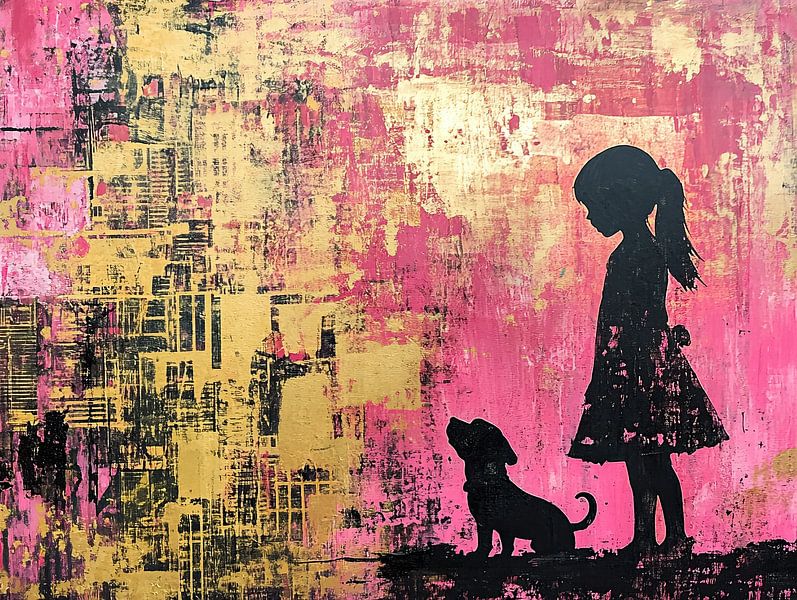 Hund Silhouette | Mädchen mit treuem Freund von Blickfänger Gemälde