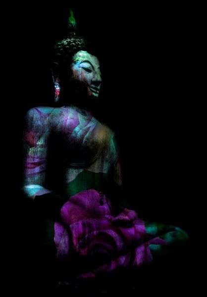 Seated Buddha in bright pink and green with rose by Anouschka Hendriks