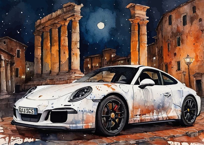 La Porsche 911 Carrera 4 GTS de couleur blanche et la ville des ruines antiques par MIROKKU