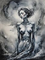 Femme mystique dans l'eau - Art sensuel en noir et blanc à l'aquarelle