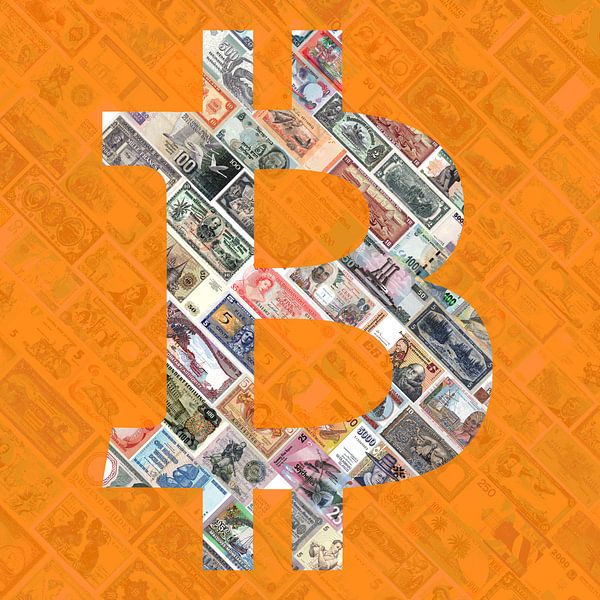 &quot;Bitcoin over bills&quot; Art du bitcoin - logo derrière les vieux billets de banque discontinu par Roger VDB