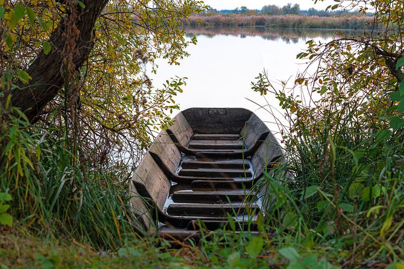 Holzboot zwischen Gras und Bäumen vor einem See im Gegenlicht von Hans-Jürgen Janda