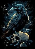 Rabe auf Schädel bei Gewitter