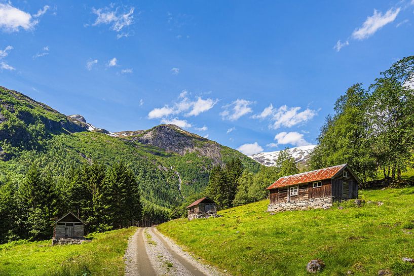 Landschaft mit Holzhütten in Fjærland, Norwegen von Rico Ködder