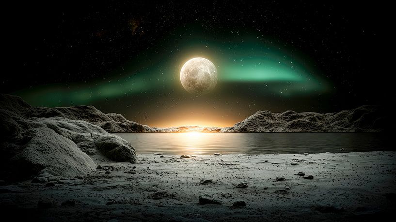 Sparkling aurora borealis over a still shore by Klaus Tesching - Art-AI